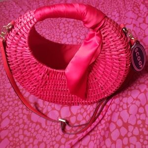 Scoop Red Woven Crescent Crossbody Handbag